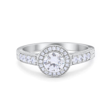 Vintage Style Halo Engagement Ring Simulated CZ 925 Sterling Silver